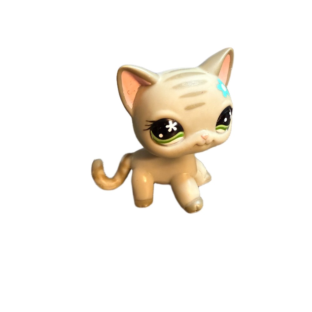 Hasbro Littlest Pet Shop 468 Shorthair Cat Grey Stripes Blue Flower Green Eyes